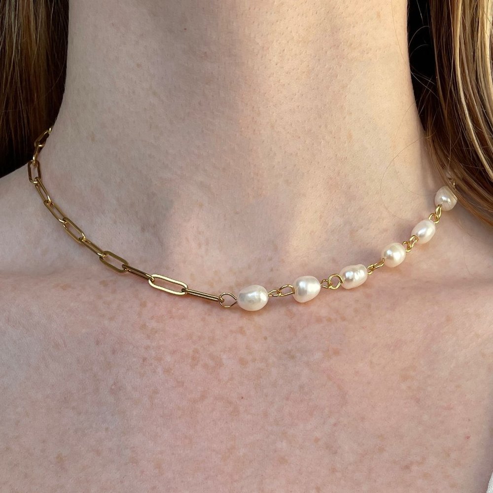 Necklace Pearl Half Chain 18KT Gold Stainless Steel, Handmade high quality